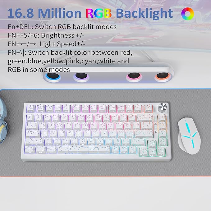 HUO JI 75% Wireless Mechanical Gaming Keyboard, Bluetooth/2.4G/USB Wired, Creamy Sound, RGB Backlit, Hot Swappable Pre-lubed Linear Switches, Volume Knob, Custom Gasket Structure for Win/Mac, White