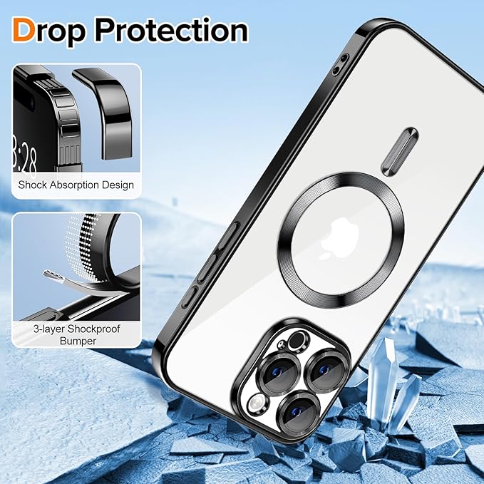 Hython Magnetic Clear for iPhone 16 Pro Case with Camera Lens Protector [Compatible with MagSafe] Luxury Plating Edge Slim Soft TPU Cover Protective Phone Case for iPhone 16 Pro 6.3", Black