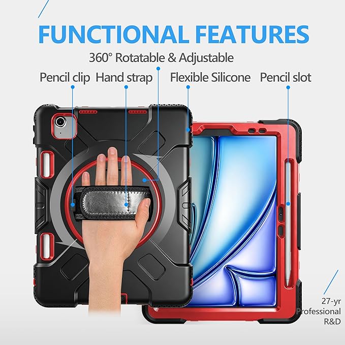Case for iPad Air 11 M4 2026/ M3 2025/ M2 2024: Silicone Cover for iPad Air 5th & 4th Generation 10.9 Inch (2020/2022) with Screen Protector- Stand- Handle- Shoulder Strap- Pencil Holder