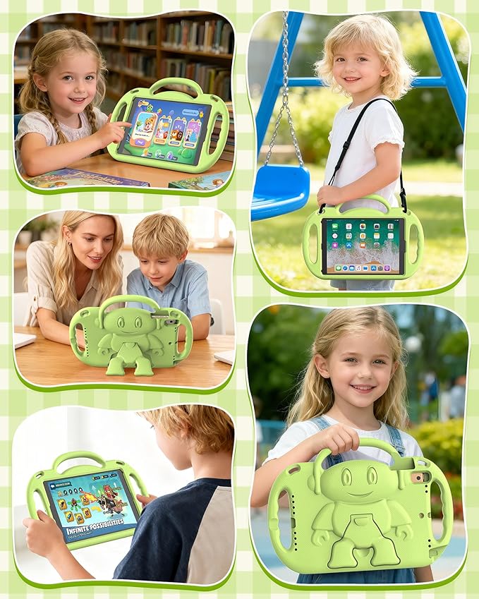 Kids Case for iPad 5th/6th Generation (9.7 inch, 2017/2018) & iPad Air 1/2 9.7" & Pro 9.7, Durable Shockproof Lightweight Kids Cover with Shoulder Strap/Handle/Kickstand, Light Green