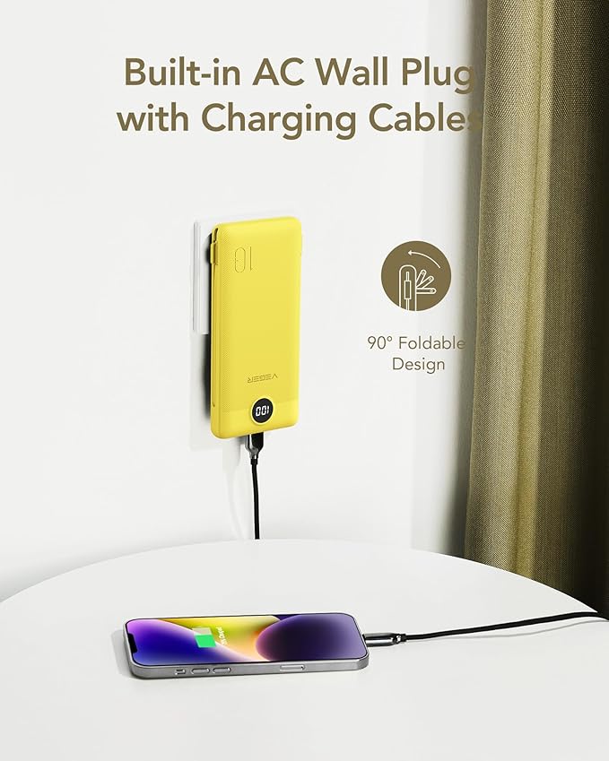 VEGER Portable Charger with Built-in AC Plug and Cables, All in One 10000mAh Ultra Slim Power Bank Travel Essentials, Fast Charging Battery Pack Compatible with iPhone, Samsung, Android (Yellow)