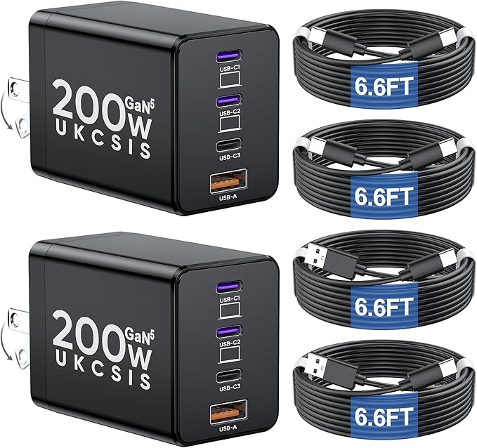 2 Pack 200W USB C Charger Block, Foldable 4-Port GaN5 Super Fast Charger USB C, Dual 65W Type C Charging Block, Laptop Fast Charging Adapter for MacBook Pro/Air, iPad, iPhone, Samsung Galaxy Black
