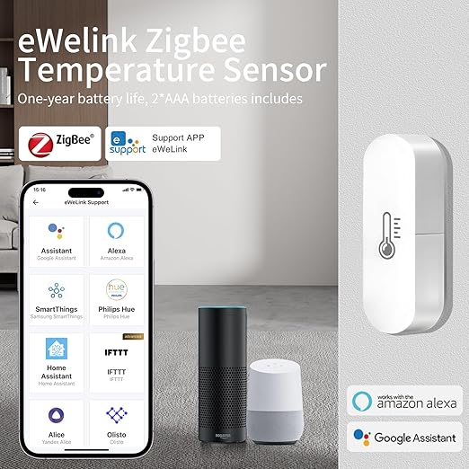 Zigbee Temperature Sensor, Humidity Sensor Thermometer for House, Compatible with Alexa & Google Assistant, eWeLink APP for Remote Monitoring and Home Automation, ZigBee 3.0 Hub Required