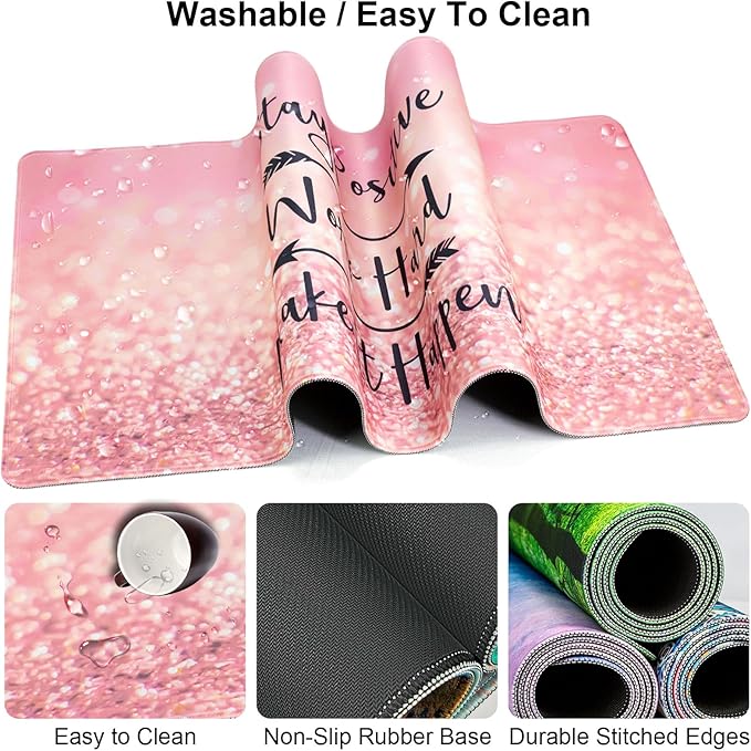 Keyboard Wrist Rest + Mouse Pad with Wrist Support + Desk Mat + Coaster 4 in 1 Set, XXL Large Gaming Mousepad Cute Ergonomic Mouse Pads for Desk Computer Laptop Office Decor-Pink Words