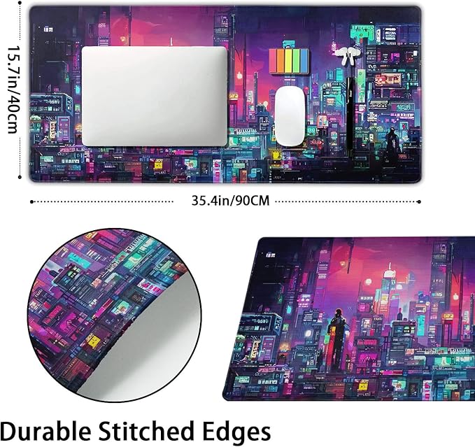 Retro Japanese Anime Gaming Mouse Pad XXL Cool Dark Purple Red Vaporwave City Extended Large Desk Mat Big Mousepad Non-Slip Rubber Base Stitched Edge Long for Computer, 35.4x15.7 in