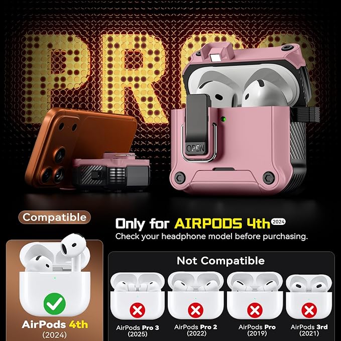 Inesore Compatible with AirPods 4 Generation Case,Secure Lock & Phone Stand Design,Compatible with MagSafe,Automatic Snap Switch Secure Cover for New AirPods 4th (2024)-Pink
