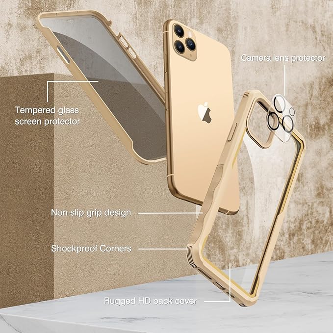 CENHUFO Privacy for iPhone 11 Pro Max Case, Full Body Phone Case with Built-in 9H Tempered Glass Privacy Screen Protector and Camera Lens Protector, Anti Peep Shockproof Bumper Clear Cover - Beige
