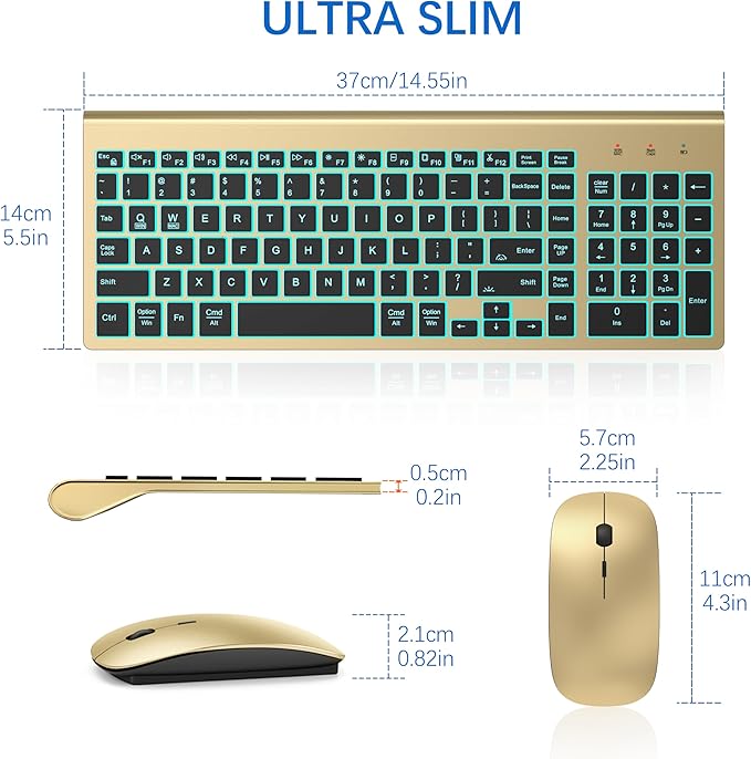 TopMate Wireless Keyboard and Mouse Ultra Slim Combo, 2.4G Silent Compact USB 2400DPI Mouse and Scissor Switch Backlit Keyboard Set, for PC/Laptop/Windows/Mac/Gaming - Gold Black