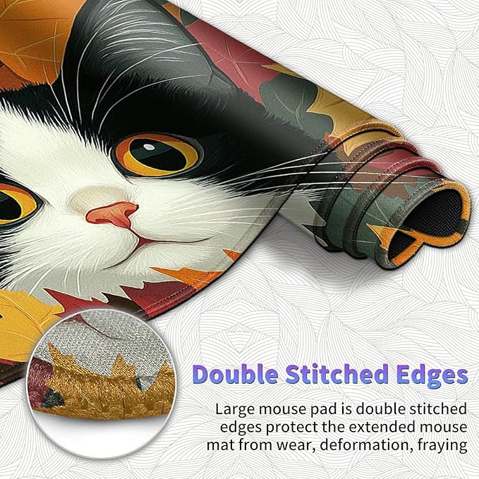Large Mouse Pad Set, Desk Mat + Elbow Rest Pad + Coaster, Easy Typing Pain Relief, Ergonomic Arm Rest Pad with Memory Foam, Extended Desk Pad Anti-Slip Rubber Base for Office Home, Autumn Cat