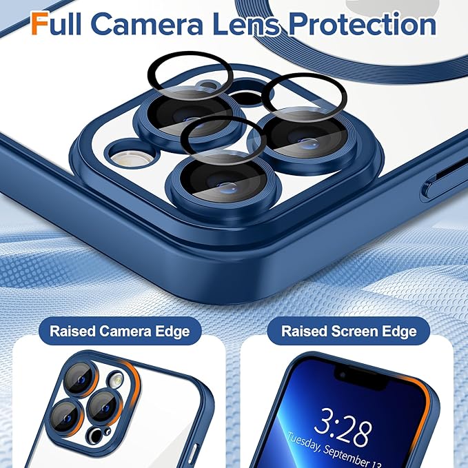 Hython Magnetic Clear for iPhone 13 Pro Max Case with Camera Lens Protector [Compatible with MagSafe] Plating Edge Slim Soft TPU Cover Protective Phone Case for iPhone 13 Pro Max, Matte Deep Blue