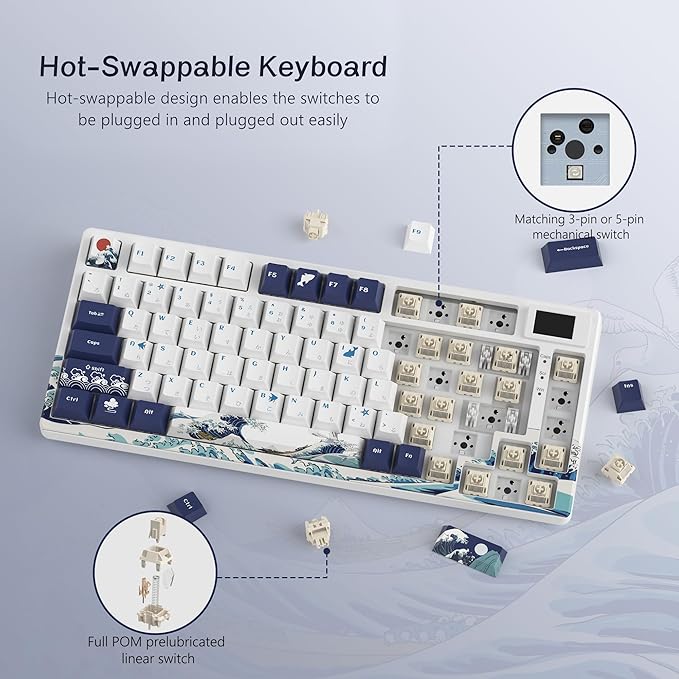 Womier SK80 75% Keyboard with Color Multimedia Display Mechanical Gaming Keyboard, Wired Hot Swappable Gasket Mount RGB Custom Key Board, Pre-lubed Stabilizer for Mac/Win, White Kanagawa