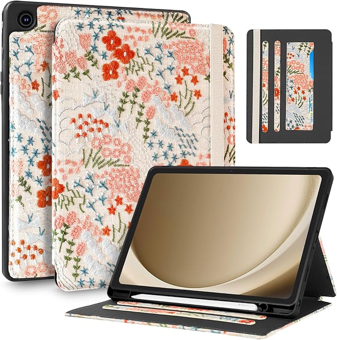Uppuppy for Samsung Galaxy Tab A9 Plus Case 11'' - for Women Girls Cute Embroidered Folio Stand Cover with Pencil Holder & Card Slot Girly Floral Flowers Design Aesthetic Cases for Samsung Tab A9 Plus