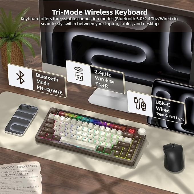 Womier 75% Wireless Mechanical Keyboard with Screen and Knob, Retro Creamy Bluetooth Gaming Keyboard Custom Clear Anime Light Box, RGB/Hot Swappable/PBT Keycaps, VIA Programmable for Mac/PC, K80 Brown