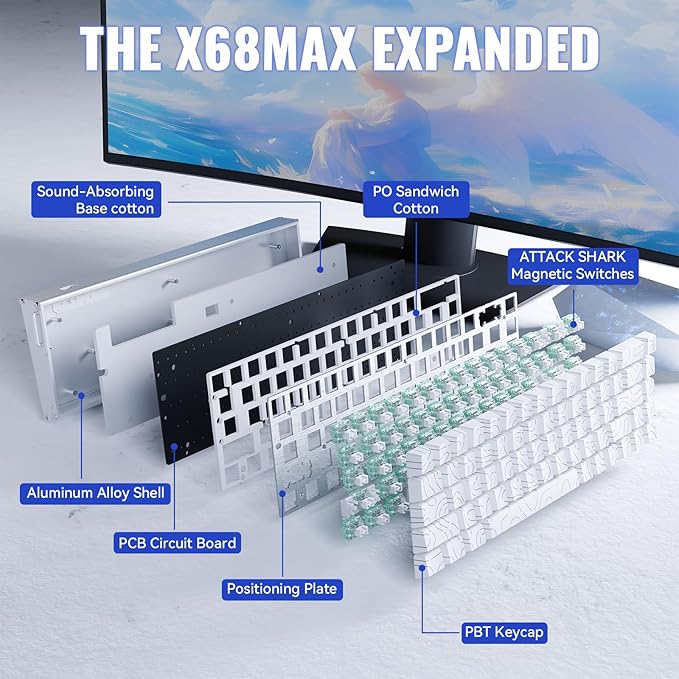 ATTACK SHARK X68MAX HE Wired Rapid Trigger Mechanical Creamy TKL RGB Gaming Keyboard with Full Aluminum CNC,8K Polling,0.005mm Accuracy,Hall Effect Magnetic Switch,NKRO,Driver for PC(White Contour)