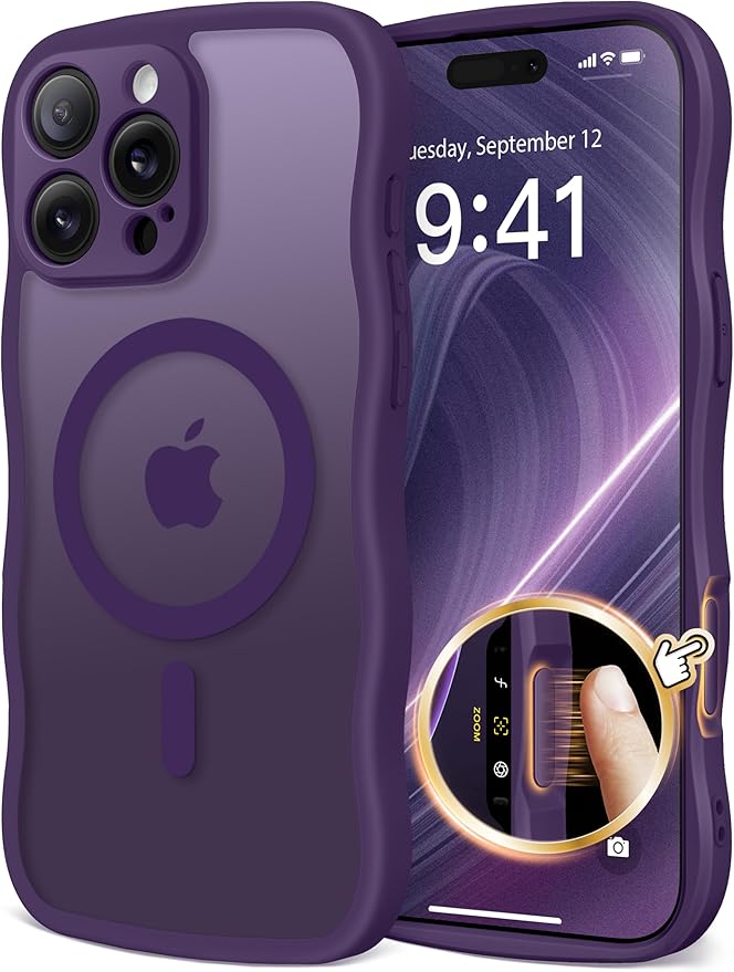 CAPRARO for iPhone 16 Pro Case for Women Girls, Upgraded [Full Camera Protection] [Compatible with MagSafe] Cute Wave Translucent Matte Phone Case for iPhone 16 Pro, Deep Purple