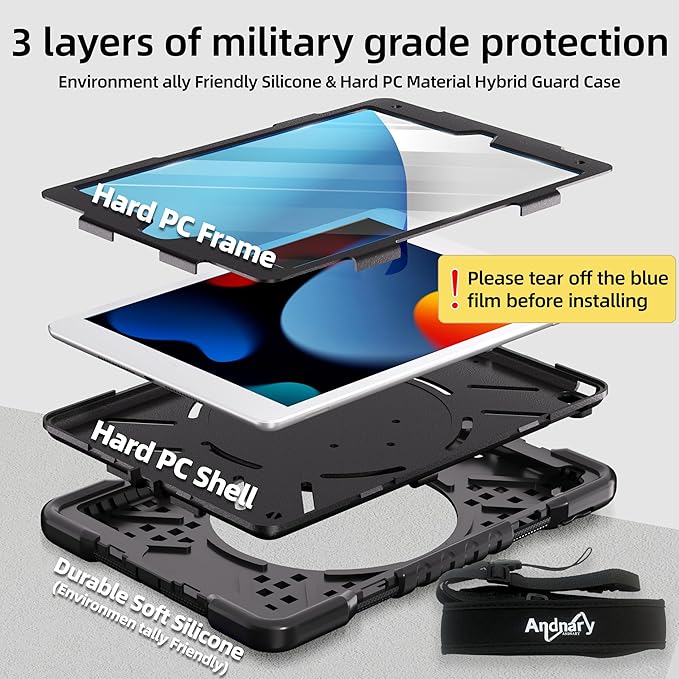 Andnary Case for iPad 9th/8th/7th Generation 10.2 inch, Shockproof Cover with Screen Protector/360° Rotating Handle/Bracket/Pen Holder/Shoulder Strap, Kids Case for iPad 2021/2020/2019 (Black)