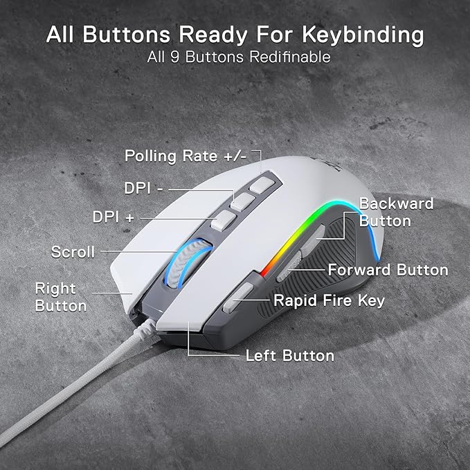 Redragon M612 RGB Gaming Mouse, 8000 DPI Wired Optical Mouse with 9 Programmable Buttons & 5 Backlit Modes, Software Supports DIY Keybinds Rapid Fire Button, Gray&White