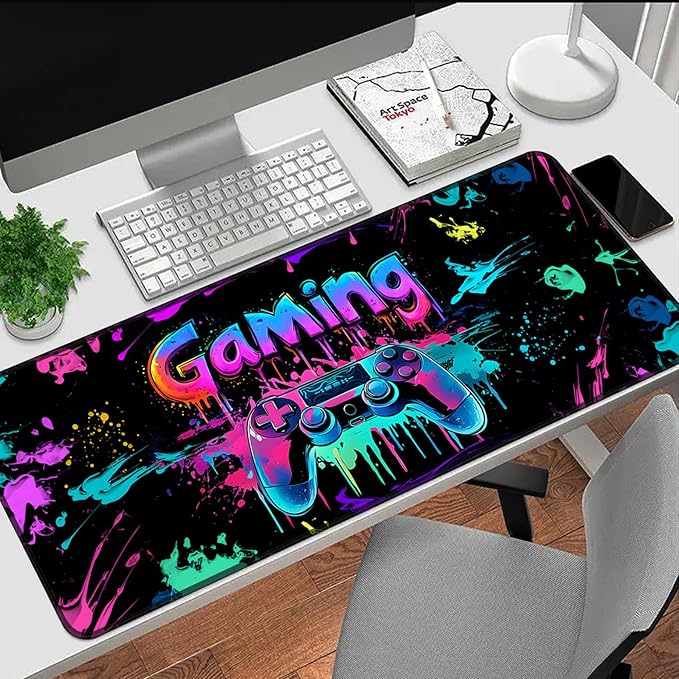 Gaming Mouse Pad, X-Large Waterproof Blacklight Colorful Splatter Art Game Controller Non-Slip Rubber Base Mousemat, Glow in The Dark Desk Mat for Office Home - 31.5 x 11.8 inches