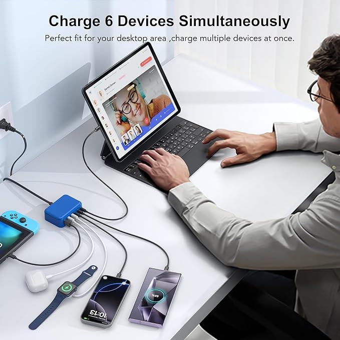[2026 Updated] USB C Fast Charger, 100W GaN 6 Port Type C Charging Station Hub Block Cube, USB C Wall Charger Power Strip Adapter Plug for iPad iPhone 17 16 15 14 Pro Max Pixel Note Galaxy, 5ft Cord