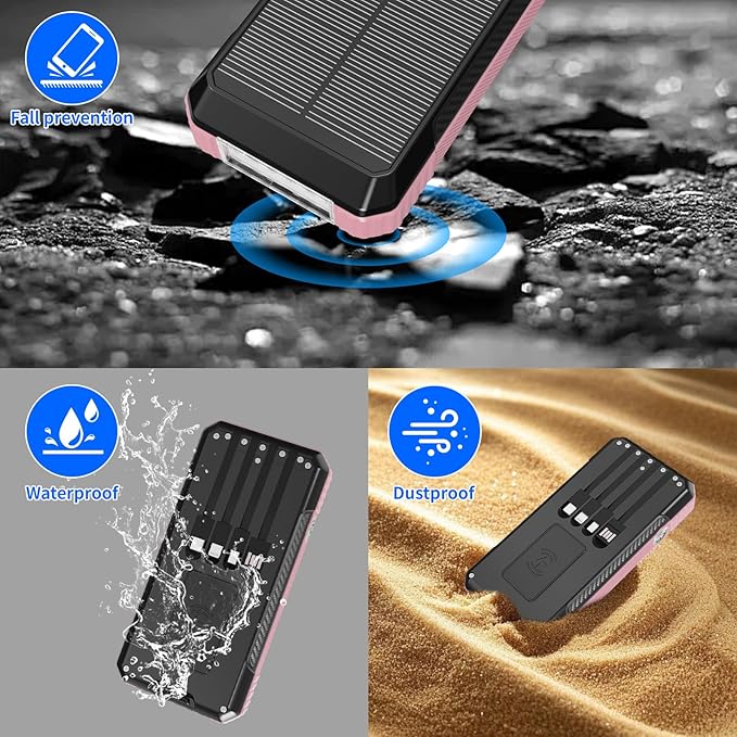 Solar Power Bank 49800mAh, Portable Charger with Built-in 4 Cables, 22.5W Fast Charging Solar Panel Charger for Traveling, Camping and Emergency(Pink)