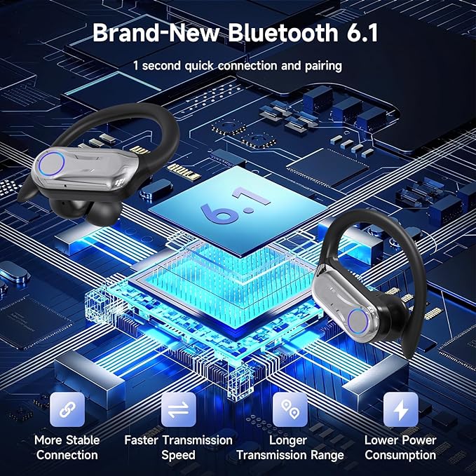 Wireless Earbuds, Sports Bluetooth 6.1 Earhooks Headphones, 90H Playtime LED Charging Case, ENC Noise Cancelling, 16.2mm Driver HiFi Stereo, IPX7 Waterproof Earphones for Running Workout Gym Black
