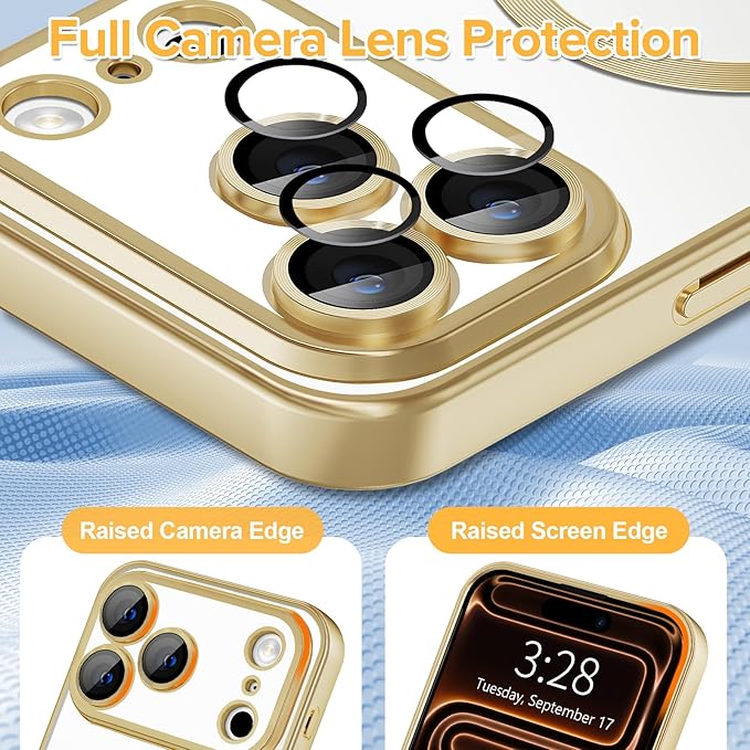 Hython Magnetic Clear for iPhone 17 Pro Max Case with Camera Lens Protector [Compatible with MagSafe] Plating Edge Slim Soft TPU Cover Protective Phone Case for iPhone 17 Pro Max 6.9", Matte Gold