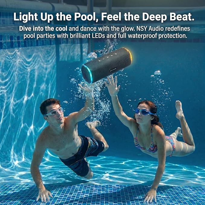 40W Bluetooth Shower Speaker, IPX7 Waterproof Floating Pool Speaker with Interactive Tap-to-Play Drum Beats, 25H Playtime, LED Lights, Built-in Mic for Hands-Free Calls in Bathroom, Blue