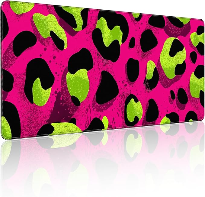 35.4 x 15.7 in, XXL Large Mouse Pad for Desk, Extended Keyboard Mouse Mat for Computer Office, Big Mouse pad with Stitched Edges, Gaming Pc-Leopard Print Pink Green