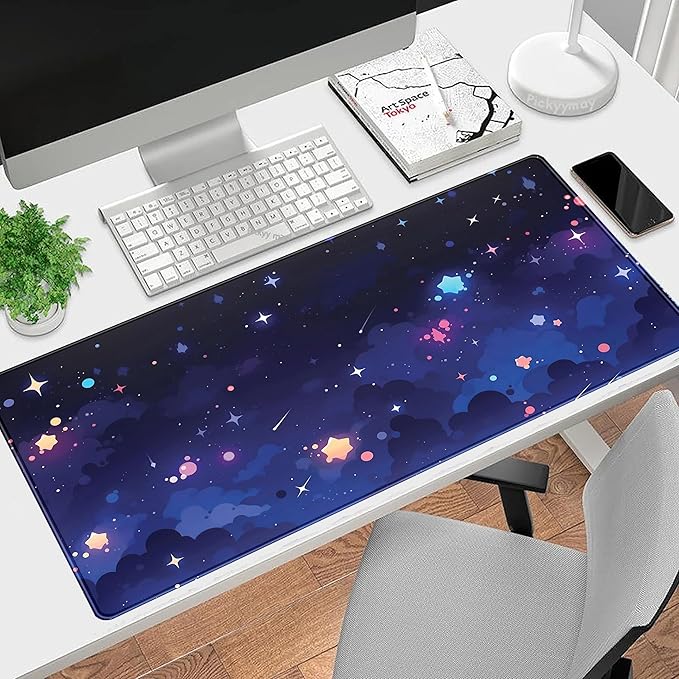 Blue Stars Desk Mat Cute Cloud Desk Pad, Aesthetic Starry Sky Mouse Mat Gaming Mousepad XXL, Extra Large Deskktop Mats for Keyboard and Mouse, Computer Laptop Mat Kawaii Desk Decor 31.5"x15.75"