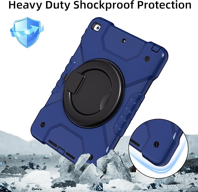 Andnary Case for iPad 9th/8th/7th Generation 10.2 inch, Shockproof Cover with Screen Protector/360° Rotating Handle/Bracket/Pen Holder/Shoulder Strap, Kids Case for iPad 2021/2020/2019 (Navy+Black)