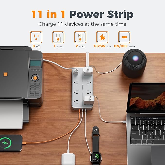 TESSAN Power Strip Surge Protector, 6FT Flat Plug Extension Cord with 8 Outlets 3 USB Charger(1 USB C), 1080 Joules Protection, 1875W 15A, Wall Mountable Charging Station for Home Office Dorm, Gray