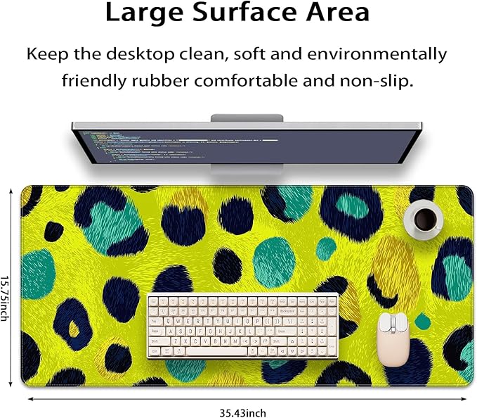 35.4 x 15.7 in, XXL Large Mouse Pad for Desk, Extended Keyboard Mouse Mat for Computer Office, Big Mouse pad with Stitched Edges, Gaming Pc-Abstract Leopard Print Light Green