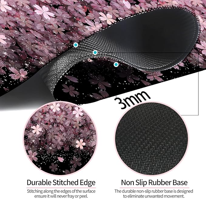 Japanese Cherry Blossom Gaming Desk Mat, Computer Keyboard Large Extended Flowers Mouse Pad for Office and Home, 31.5×11.8 Inches, XL, Black