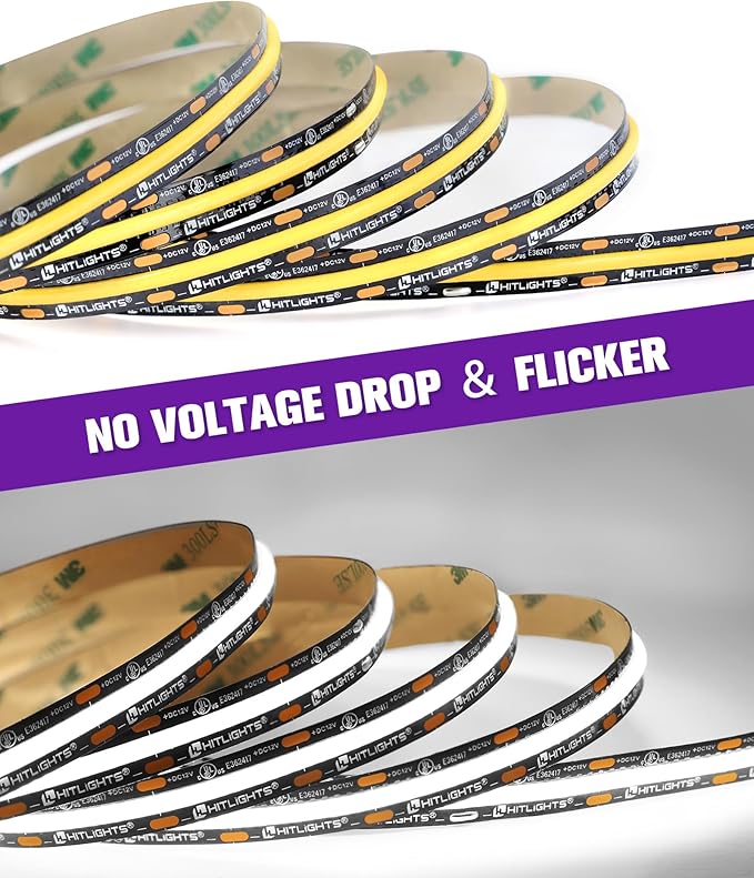 HitLights White LED Strip Lights 5000K, 16.4ft Premium 12V COB Tape Light High Density, 2400 LEDs, 305+ LM/FT, CRI 90+, IP30, Lighting for Kitchen, Cabinets, UL Listed (Power Source Not Included)