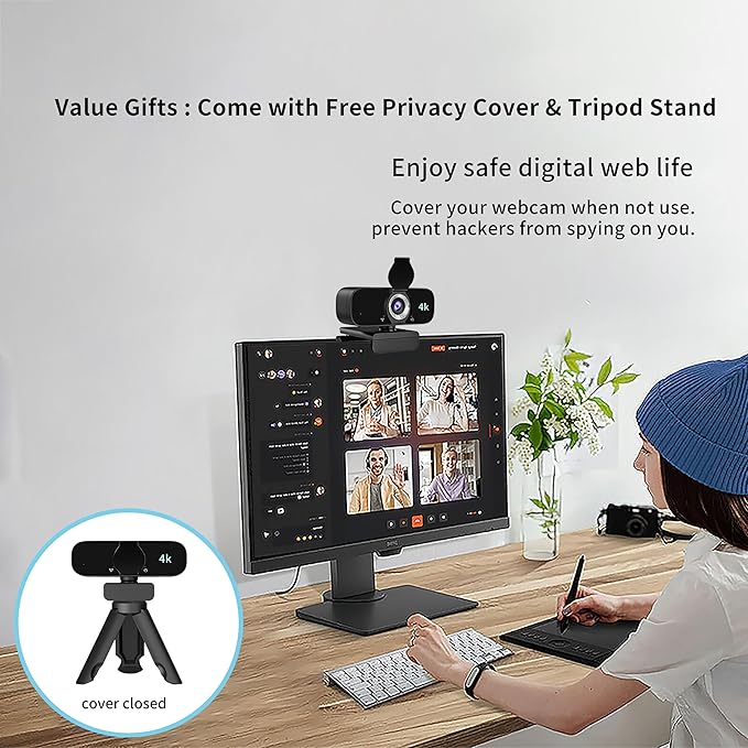 4K Webcam Camera for Computer, External Camera with Microphone, USB Plug&Play, Auto Low Light Correction, Privacy Cover, Tripod, Wide Angle for Meeting/Online Video/Zoom