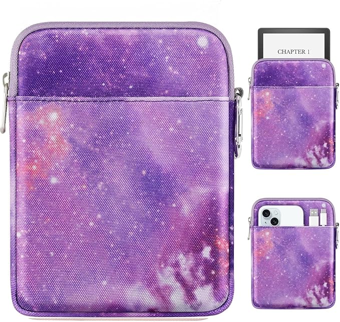 MoKo Padded Ereader Sleeve Case for 6-7 inch Ereader Tablet Bag Protective Cover Pouch with a Carabiner, Compatible with 7" Colorsoft Signature Edition 2024, Purple Starry Sky