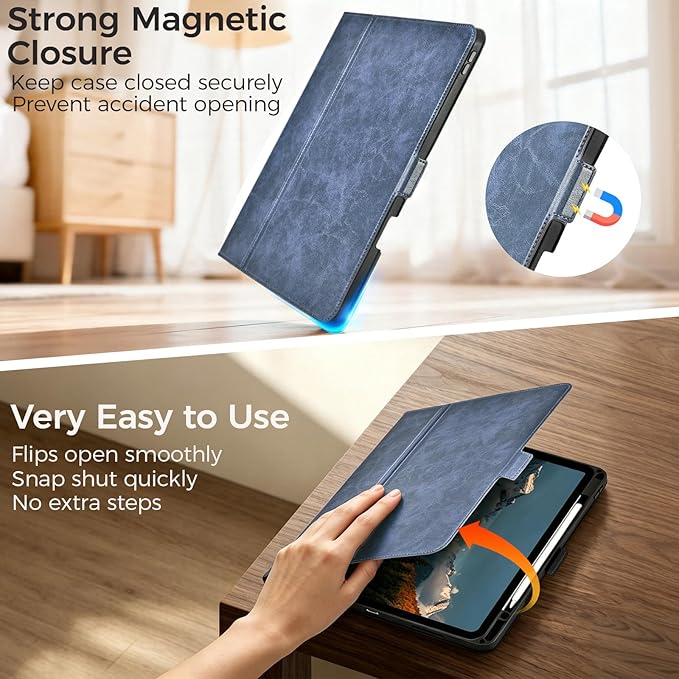 Slim Case for iPad Pro 11 Inch M5/M4 (2025/2024) A3357/A3358/A2836/A2837 with Pencil Holder,Lightweight Cover,Magnetic Closure,Multi Angle Stand,Typing Angle,Auto Sleep/Wake,Blue