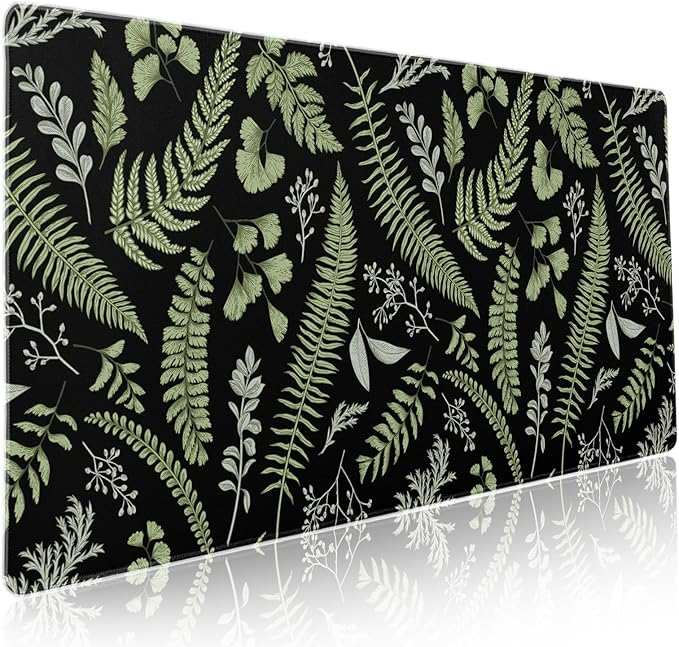 Black Green Plant Flowers Mouse Pad XXL Tropical Fern Botanical Leaves Extended Desk Mat 90X40cm Non-Slip Rubber Base Stitched Edge Large Mousepad for Gaming Laptop Computer Desktop 35.4×15.7 Inch