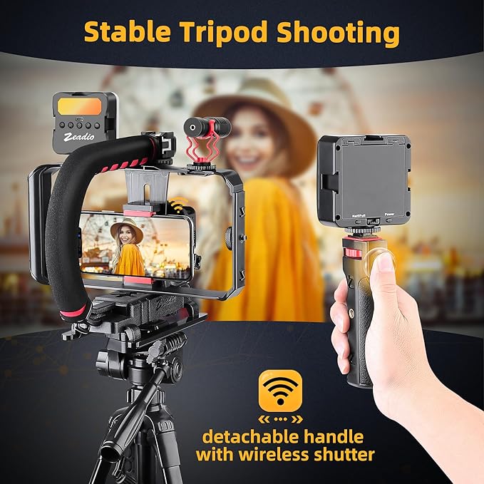 Zeadio Smartphone Camera Stabilizer, All-in-One Video Rig Kit with Phone Cage, RGB Video Light, Microphone, Action Camera Adapter, Compatible with Smartphones, Action Camera, DSLR, Cameras etc