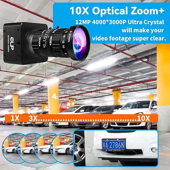 ELP High Speed USB Zoom Camera, 1080P/230fps, 4K/60fps, 12MP/30fps, USB3.0/2.0 Manual Focus Lightburn Cameras for Windows, Linux, Mac, Pi, Fast Frame 5-50mm 10X Zoom IMX577 Webcam for PC Jetson Nano