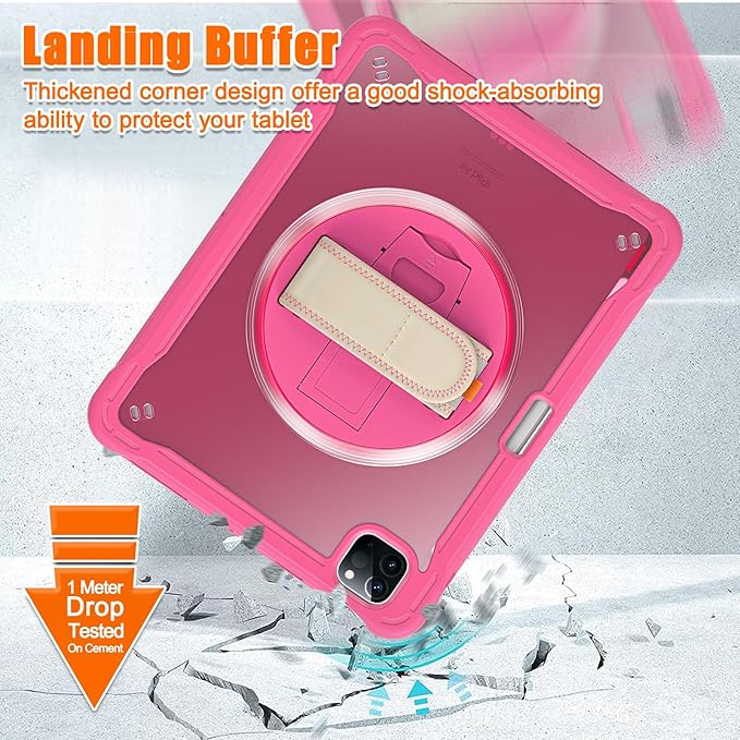 Batianda Case for iPad Pro 11-inch 2022 4th M2 Chip /2021 (3rd Generation) Heavy Duty Rugged Shockproof Tablet Cover with 360° Rotating Hand Strap Foldable Hidden Stand & Shoulder Strap, Pink