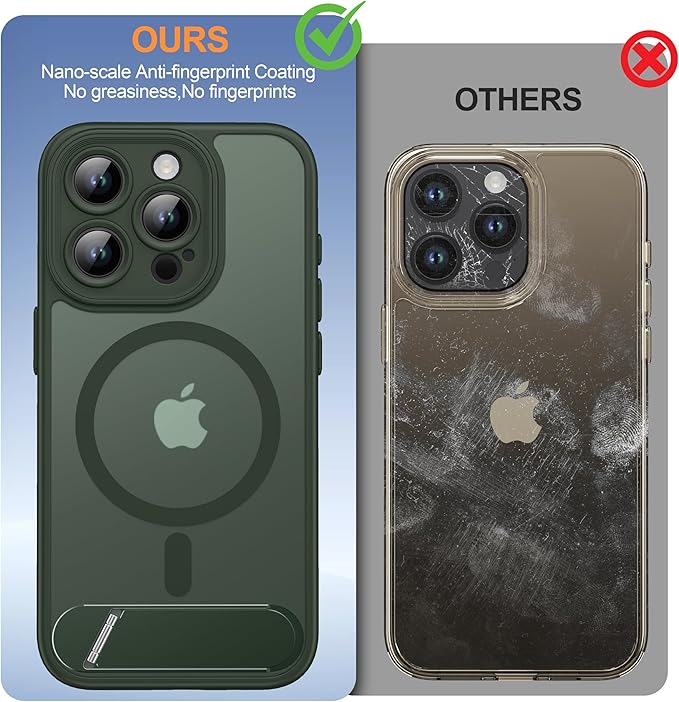 Magnetic Compatible with iPhone 15 Pro Case, [Built-in Kickstand][Full Camera Protection][Compatible with MagSafe][Anti-Fingerprint] Shockproof Phone Case for iPhone 15 Pro 6.1",Green