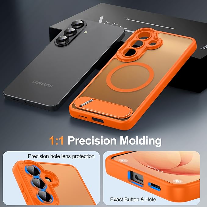 Magnetic for Samsung Galaxy S26 Case, [Compatible with MagSafe][Full Camera Protection][Built-in Invisible Kickstand] Translucent Matte Phone Case for S26 6.3" - Orange