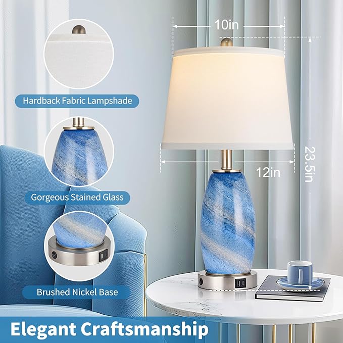 Lovlast Blue Lamps Set of 2 for Bedroom & Bedside with 3-Way Lighting Modes & USB C+A - Modern Style Glass Nightstand Table Lamps for Living Room & Bedroom Decoration (23.5" H)