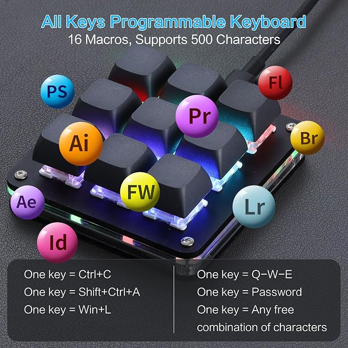 Koolertron Macro Programmable Keypad, One Handed Programmable Mechanical Keyboard, RGB Blue Switch Hot Swappable, 9 Keys Backlit Keypad for Working and Gaming, Black