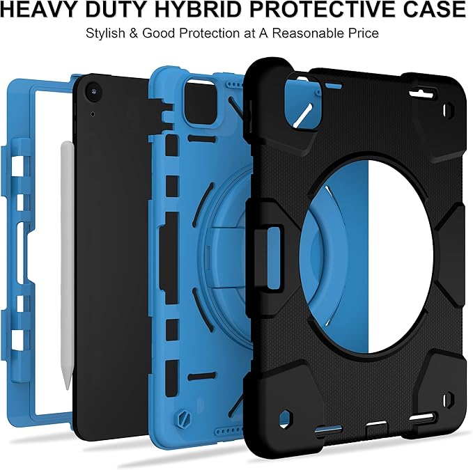 Andnary Case for iPad Air 11 inch Case M4/M3/M2 (2026/2025/2024), Heavy Duty Shockproof Cover with Screen Protector, 360° Rotating Stand, Pencil Holder, Shoulder Strap (Black+Blue)