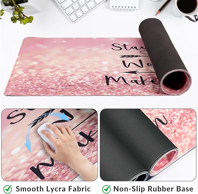 Large Gaming Mouse Pad with Coaster, Desk Matt for Desktop, Desk Pad, Mouse Pads Mat, Stitched Edges Big Extended Mousepad for Computer Keyboard Laptop Office Decor, 31.5'' x15.6''-Pink Words