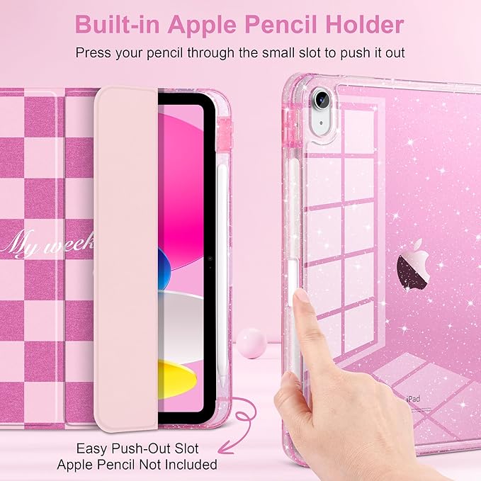 DONGKE for iPad Pro 11 inch Case – Fits M5 2025 / M4 2024, Shockproof Sparkling Glitter Acrylic Back, Pencil Holder, Trifold Stand, Auto Sleep/Wake & Touch ID Support - Pink Checkerboard