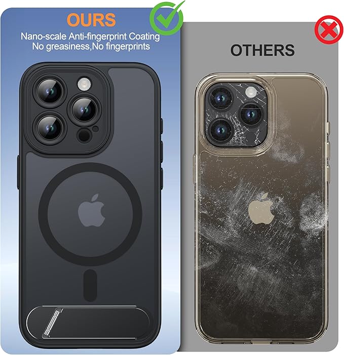 Magnetic Compatible with iPhone 15 Pro Case, [Built-in Kickstand][Full Camera Protection][Compatible with MagSafe][Anti-Fingerprint] Shockproof Phone Case for iPhone 15 Pro 6.1",Black