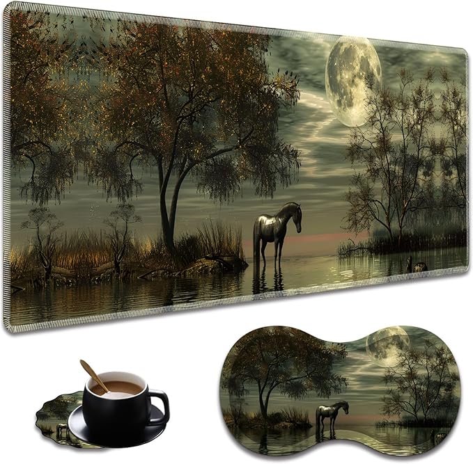 Ergonomic Horse Under The Moon Extended Mouse Pad 31.5" x 11.8" Set, with Wrist Rest & Lace Coasters, Pain Relief Design, Non-Slip Desk Mat for Home & Gaming